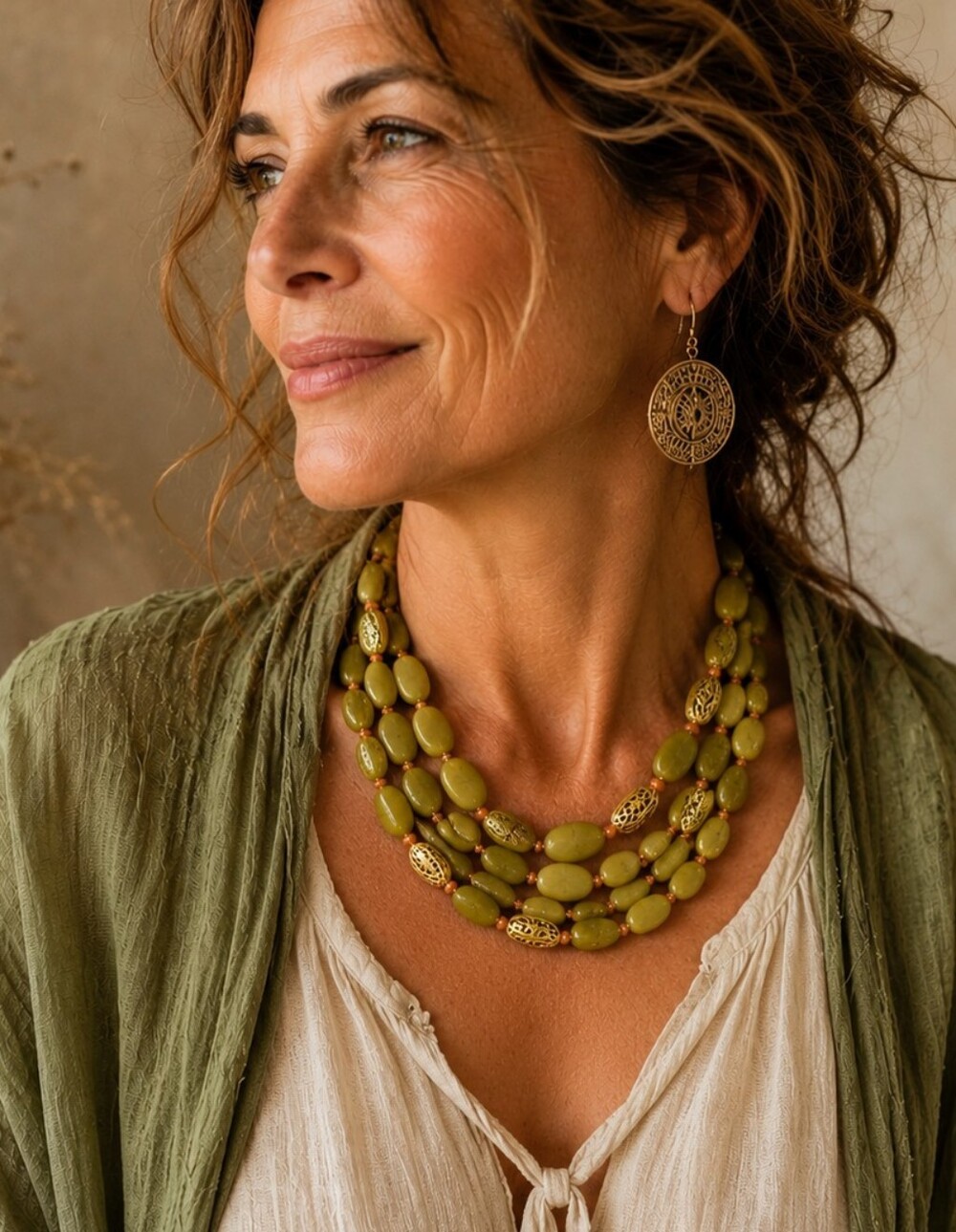 Vintage Multi-Strand Green Stone Necklace. 20"